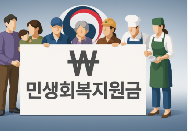 다양한 직업군의 국민들이 민생회복지원금 안내판을 들고 있는 모습. 2025년 정부지원금 및 복지 혜택 관련 이미지.
